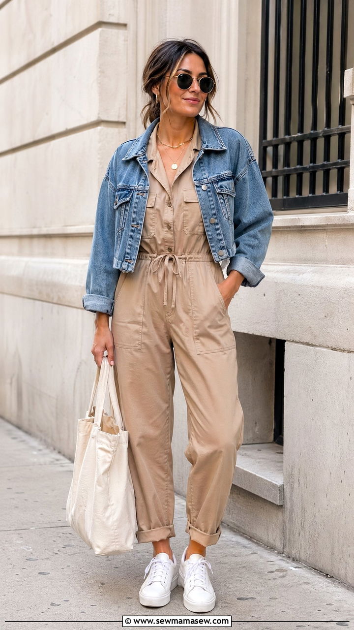 Tan Jumpsuit With Denim Jacket - 35 Tan outfit ideas
