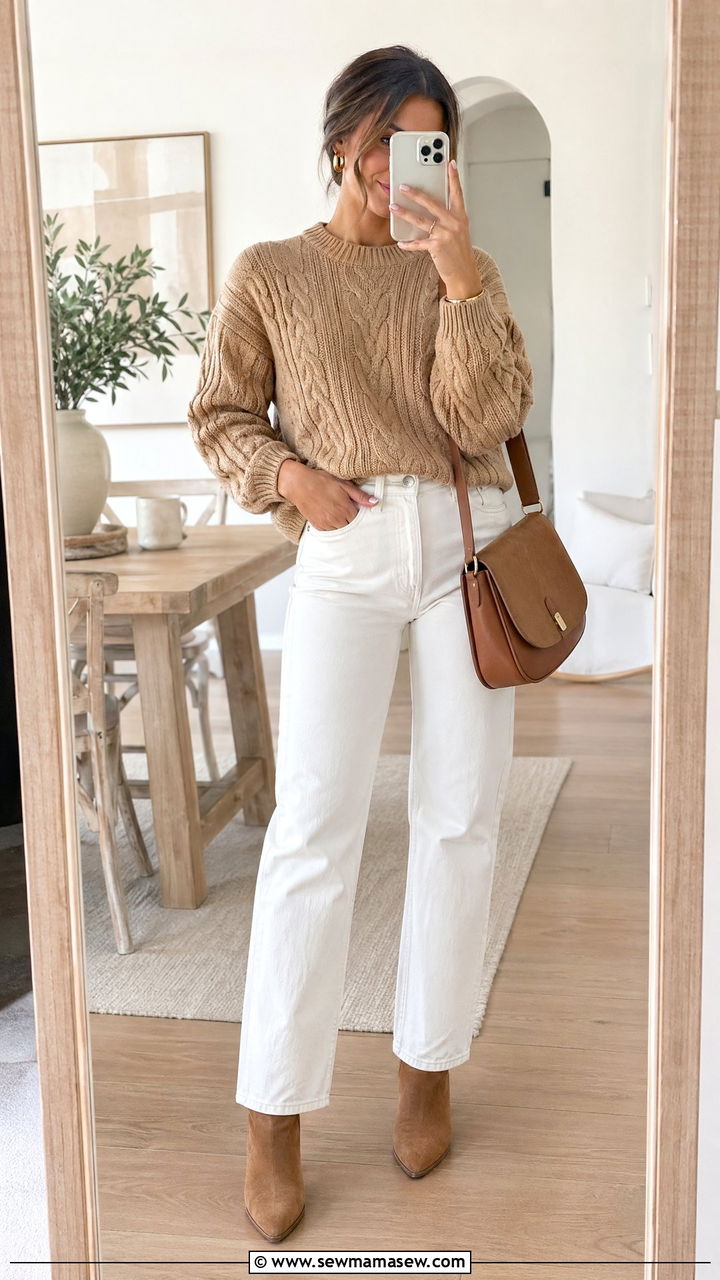 Tan Knit Sweater And White Jeans - 35 Tan outfit ideas