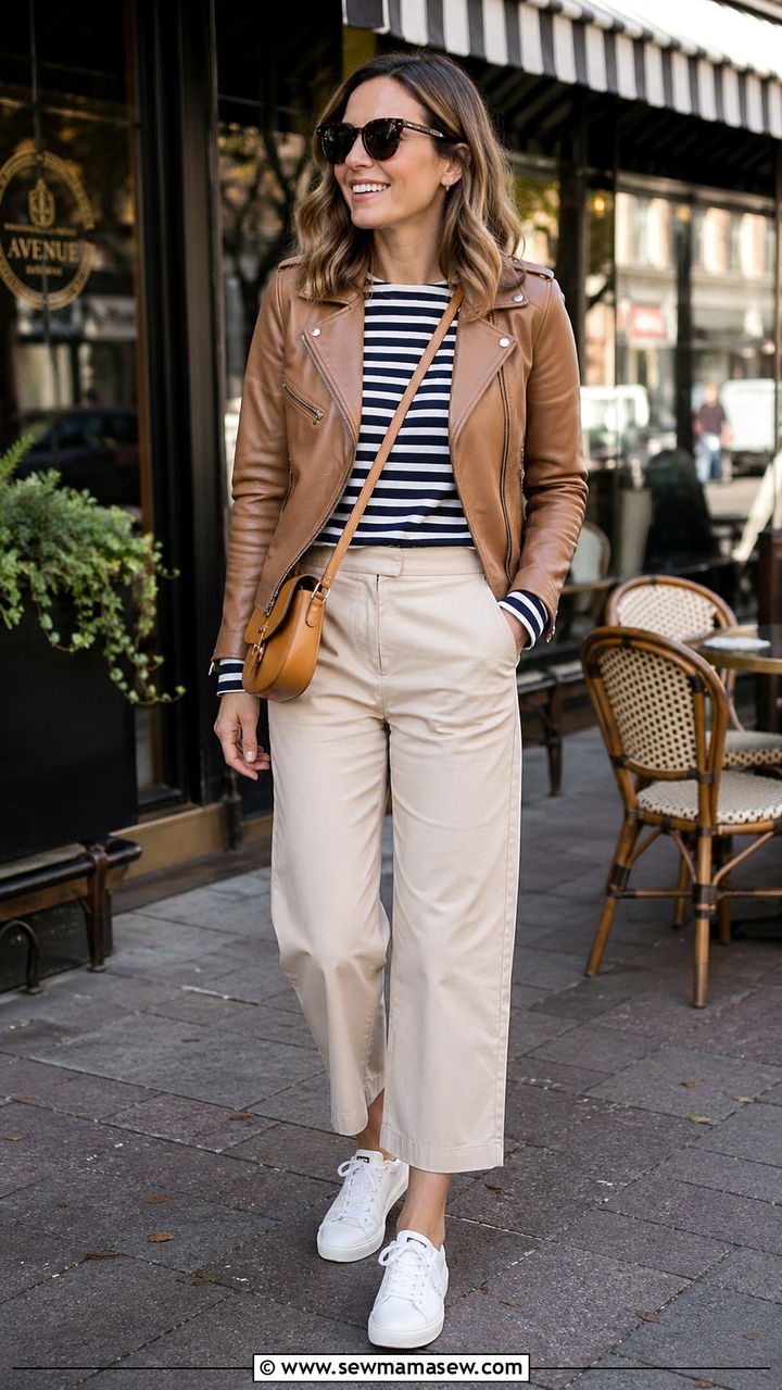 Tan Leather Jacket With Striped Top And Cropped Trousers - 30 spring leather jacket outfit ideas