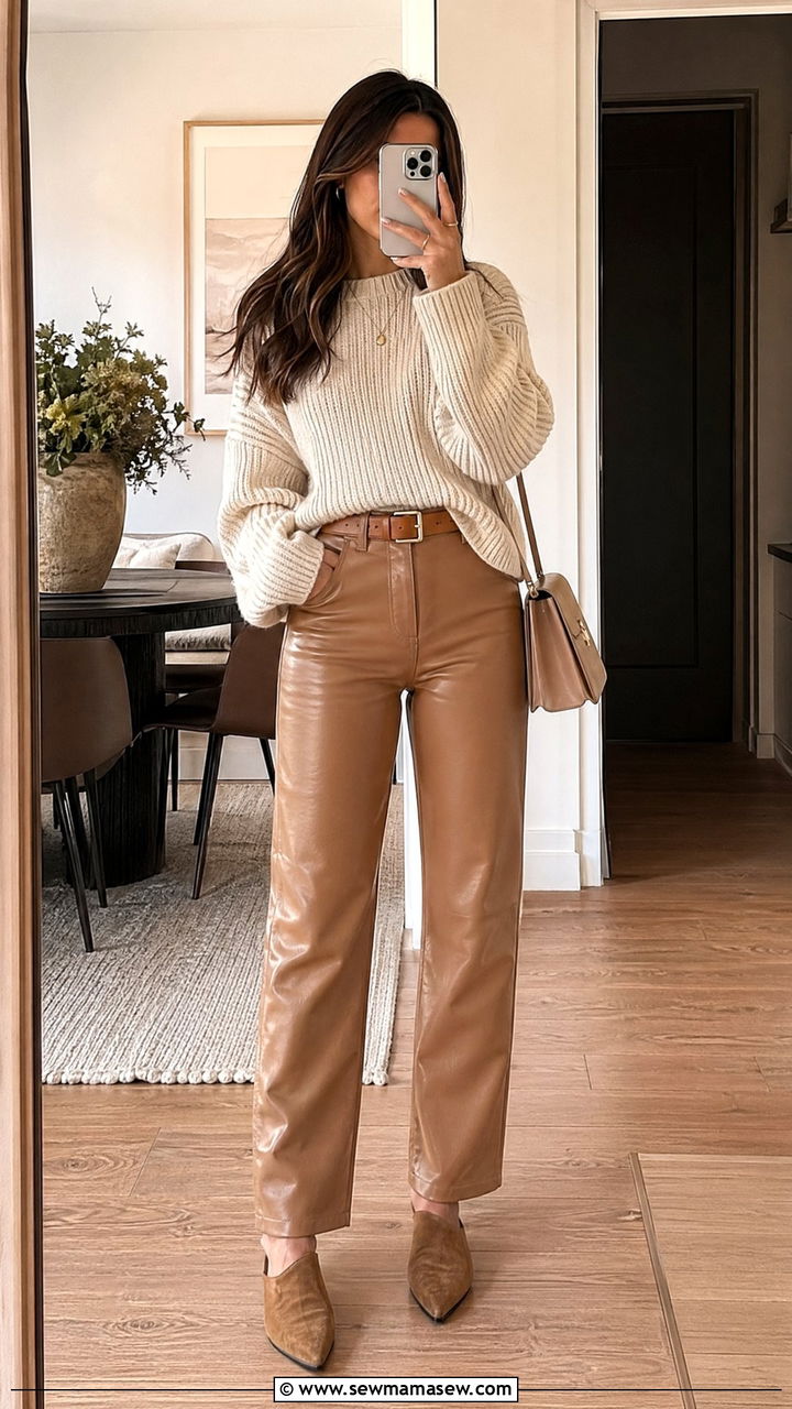 Tan Leather Pants With Cream Sweater - 35 Tan outfit ideas