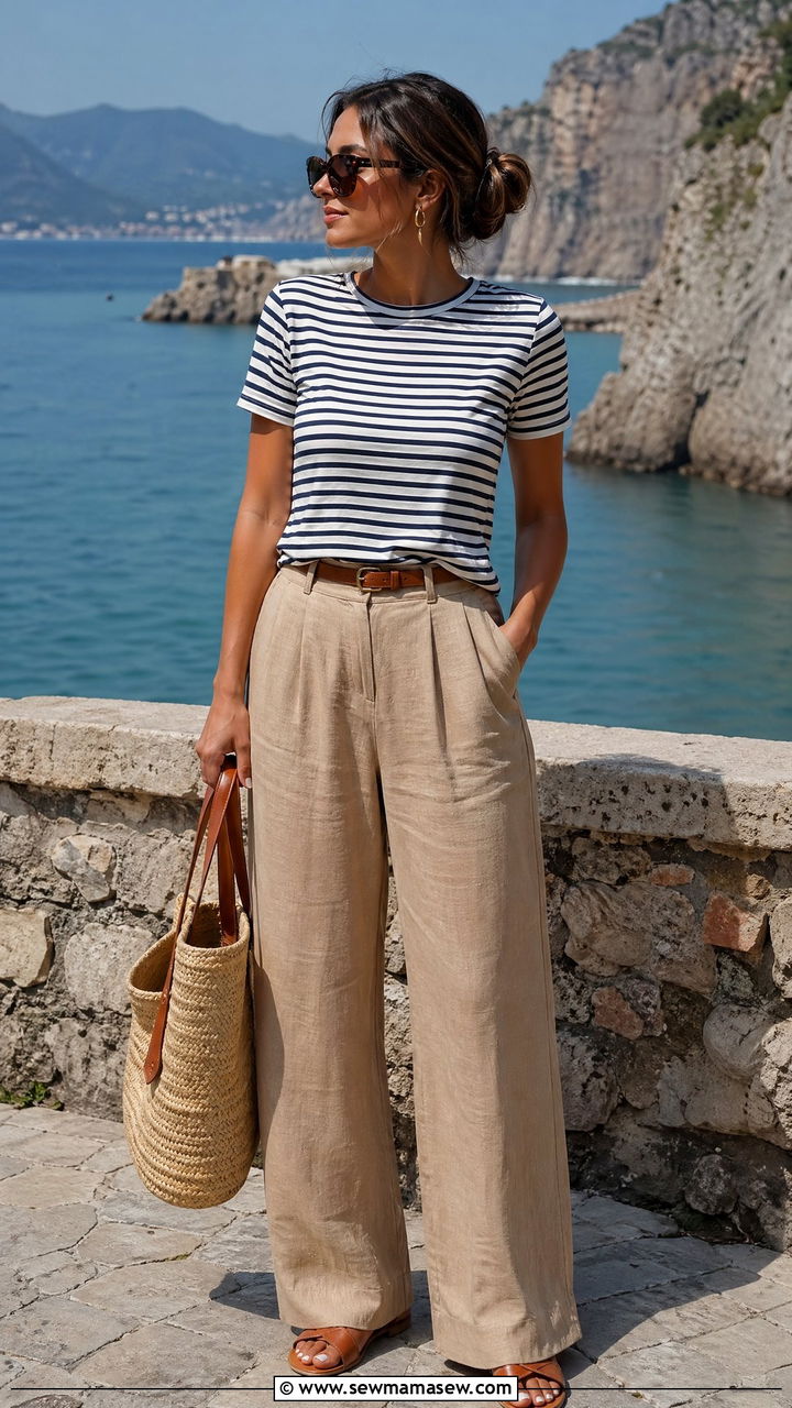 Tan Linen Pants With Striped Tee - 35 Tan outfit ideas