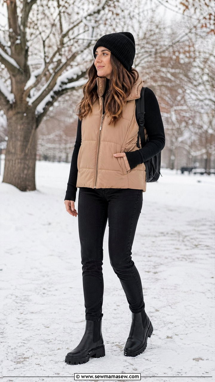 Tan Puffer Vest with Black Long Sleeve Tee - 35 Tan and black outfit ideas