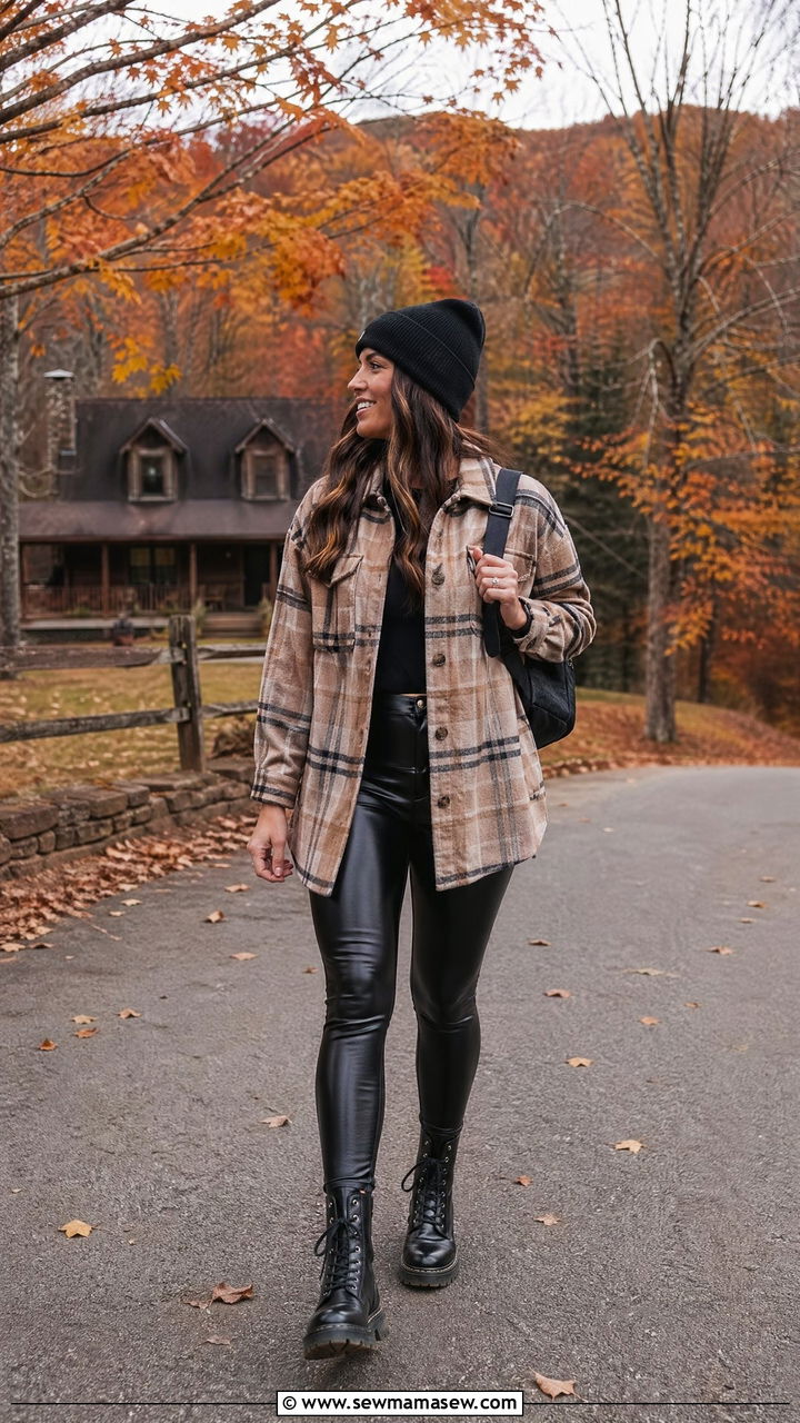 Tan Shacket with Black Faux Leather Leggings - 35 Tan and black outfit ideas