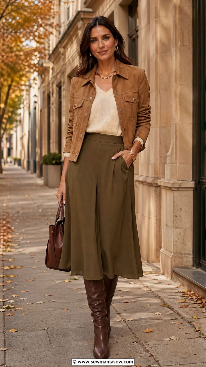 Tan Suede Jacket with Olive Midi Skirt - 35 what to wear to the office