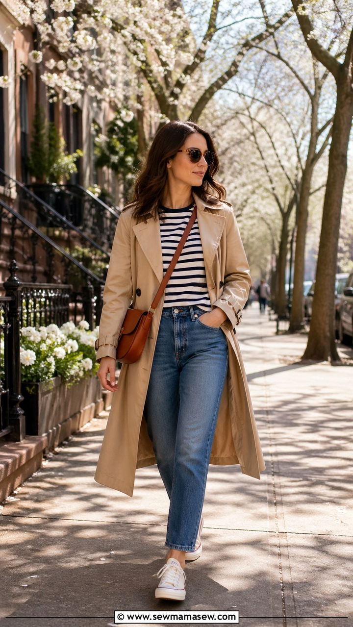 Tan Trench Coat And Striped Tee With Blue Jeans - 30 Spring capsule wardrobe minimalist