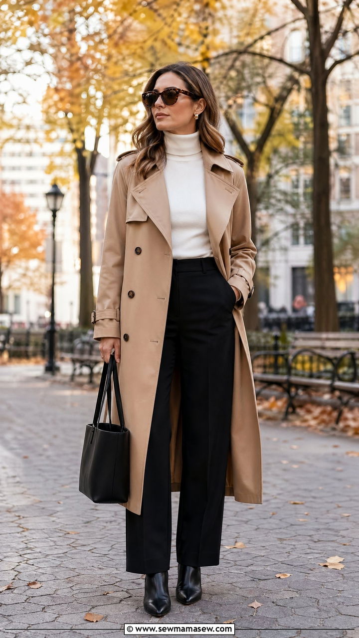 Tan Trench Coat And White Turtleneck - 35 Tan outfit ideas