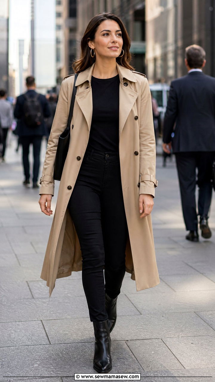 Tan Trench Coat Over An All Black Base - 35 Conference outfit ideas