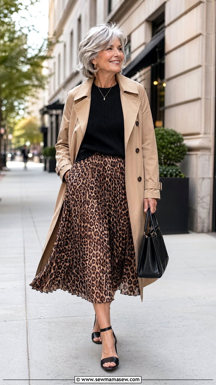 Tan Trench Coat Over a Leopard Print Pleated Midi Skirt - 35 Skirt outfit ideas for women over 60