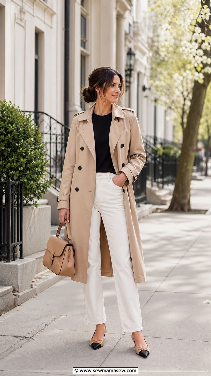 Tan Trench Coat and White Denim Outfit - 35 Spring outfits for stay at home moms