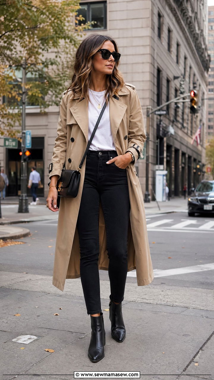 Tan Trench Coat with Black Jeans - 35 Tan and black outfit ideas