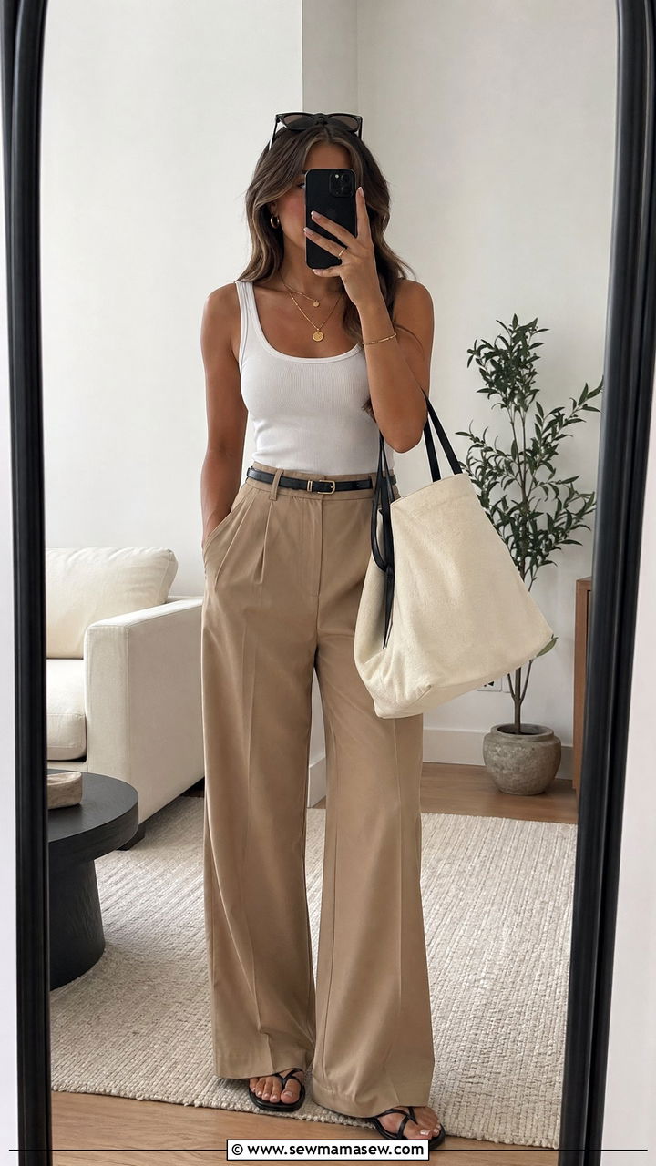 Tan Trousers And White Tank Top - 35 Tan outfit ideas