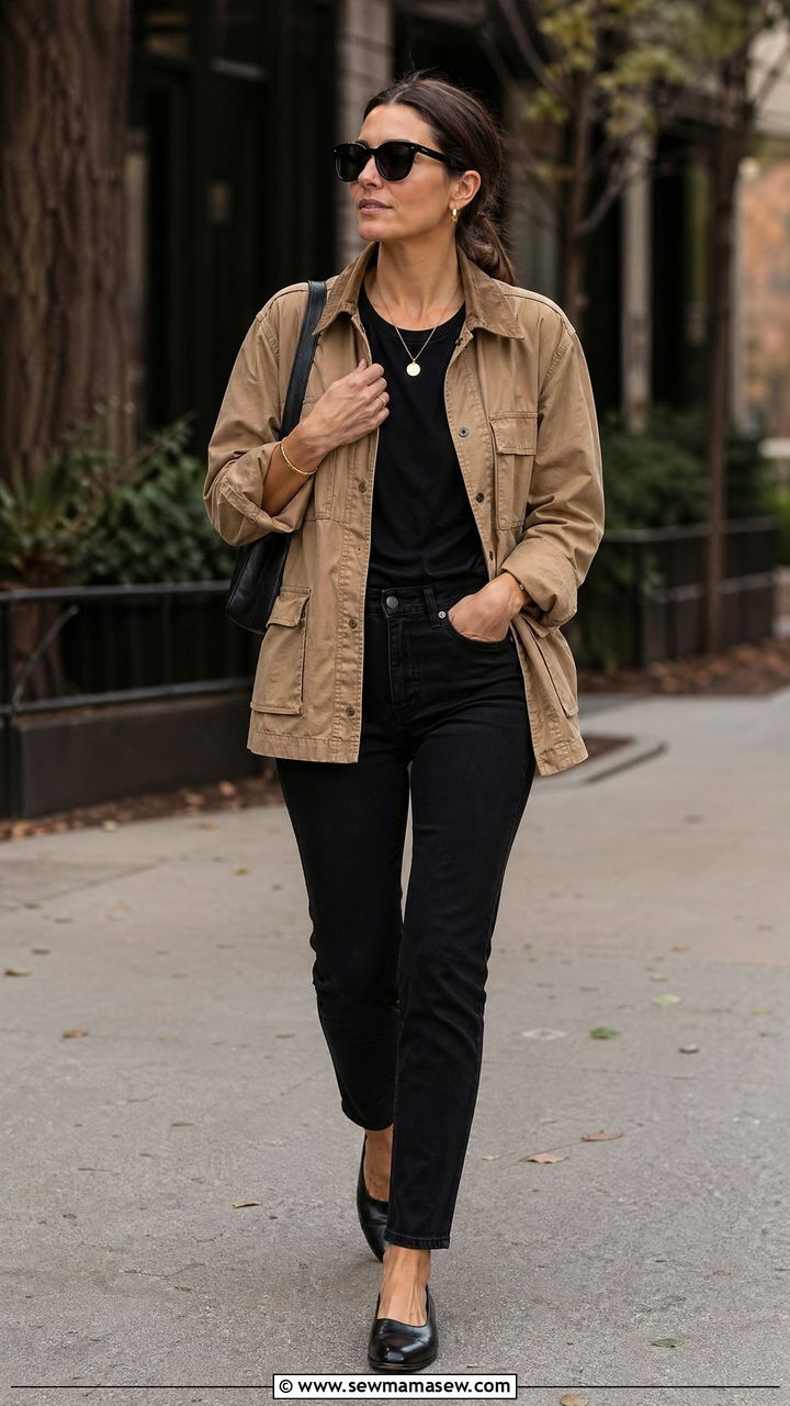 Tan Utility Jacket with Black Jeans - 35 Tan and black outfit ideas