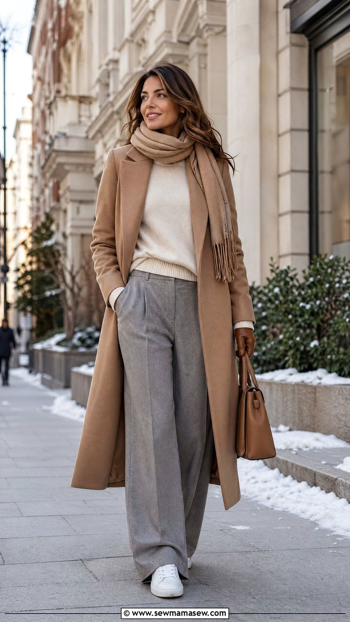 Tan Wool Coat And Grey Trousers - 35 Tan outfit ideas