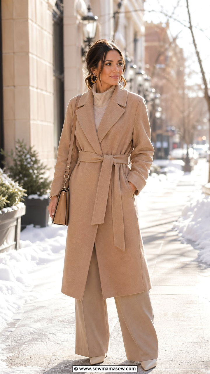 Tan Wrap Coat Over Beige Funnel Neck And Wide Leg Pants - 35 classy elegant outfits