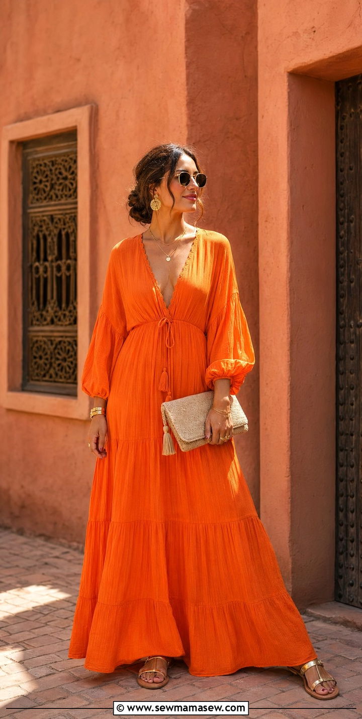 Tangerine maxi dress with gold sandals - 35 Morocco vacation outfit ideas