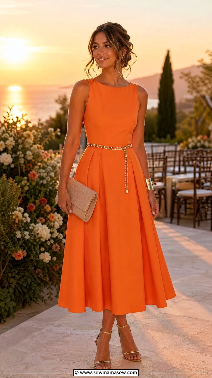 Tangerine midi dress with gold accessories wedding guest outfit - 35 Spring 2026 wedding guest outfit ideas