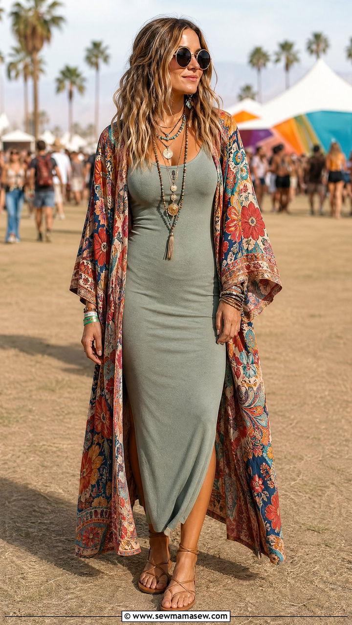 Tank Dress With Printed Kimono And Flat Sandals - 35 tank dress outfits