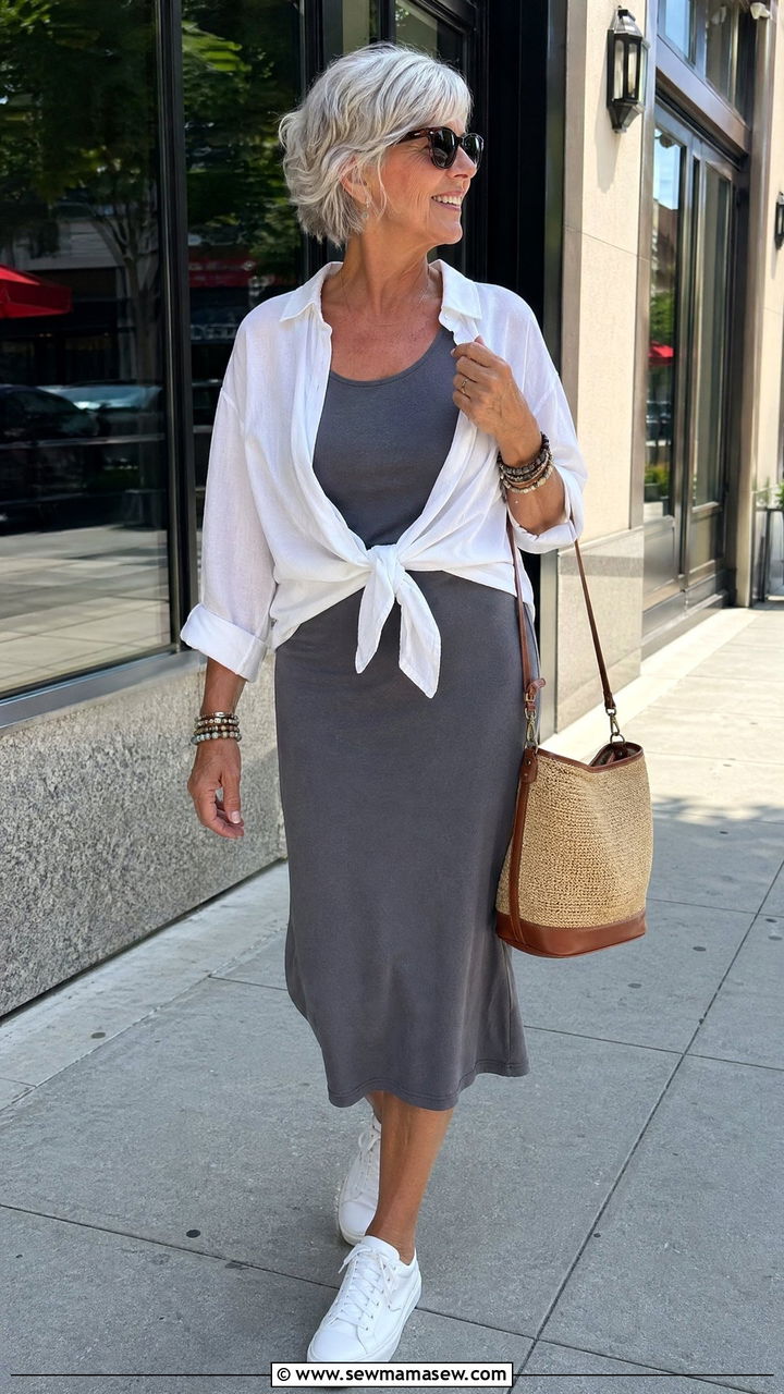 Tank Midi Dress and Oversized Shirt Outfit - 35 Summer outfits for women over 60