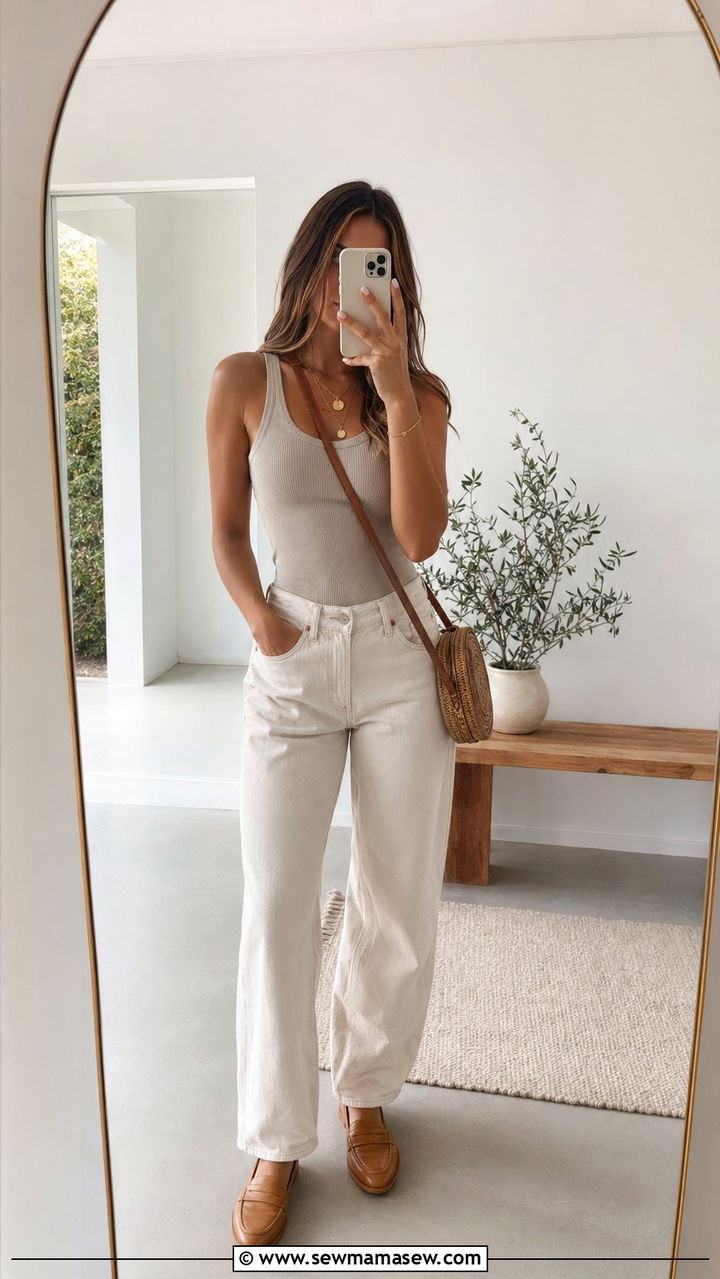 Tank Top With Baggy Cream Jeans and Tan Loafers - 30 Baggy jeans outfit ideas with loafers