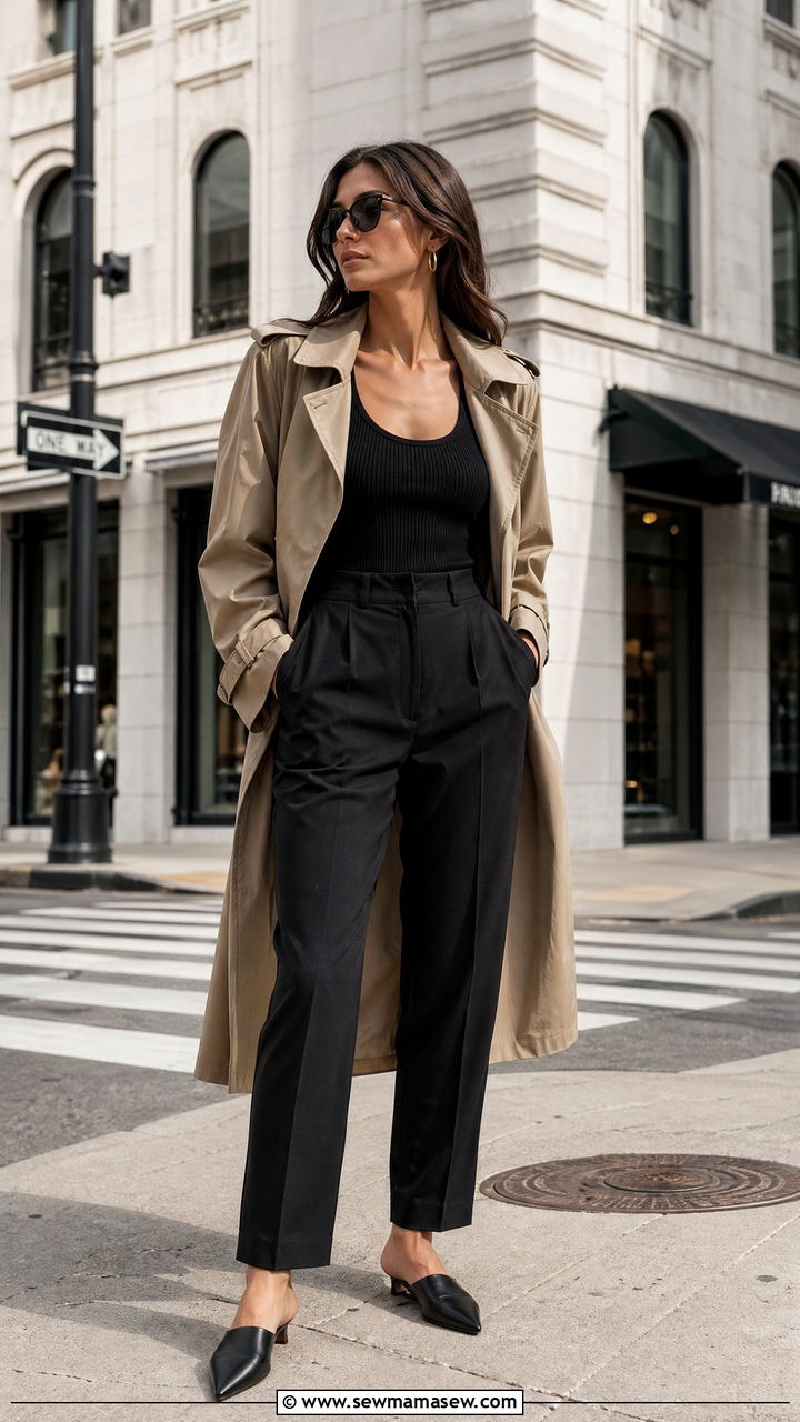 Tank Top With Tailored Trousers and a Trench Coat - 35 Summer to fall transition outfits