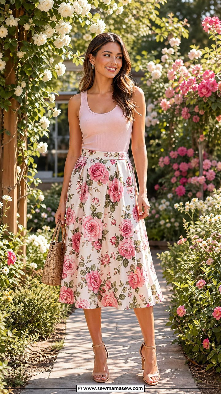 Tank Top With a Floral Print Skirt and Heeled Sandals - 35 summer tank top outfit ideas