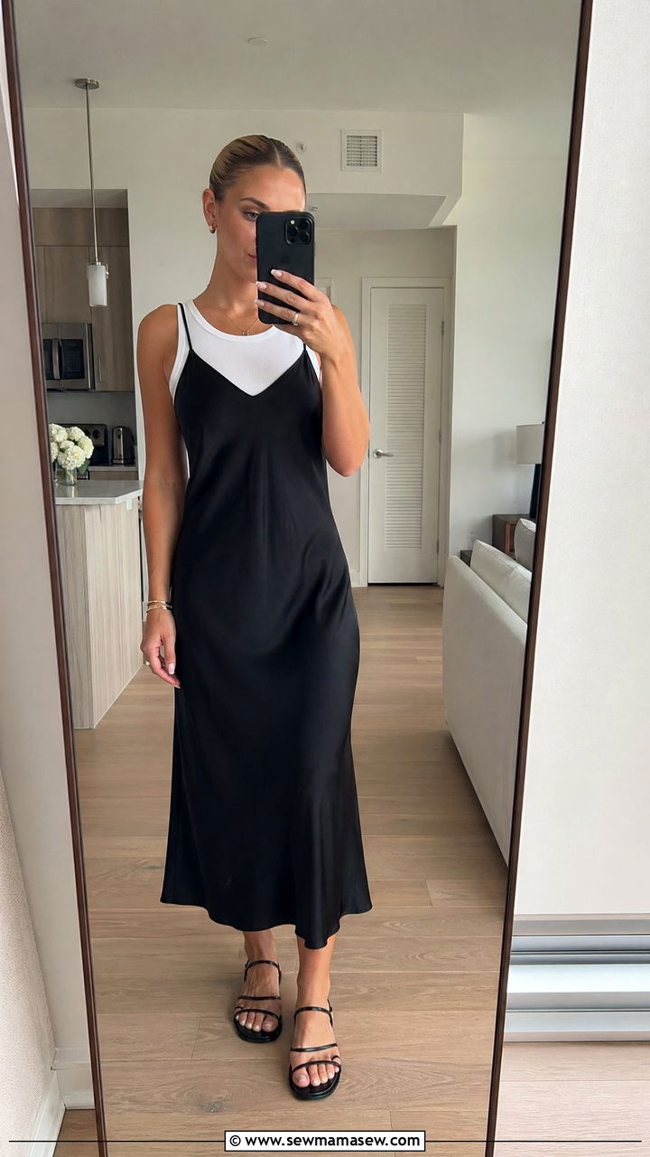 Tank Top Worn Under a Slip Dress With Sandals - 35 summer tank top outfit ideas