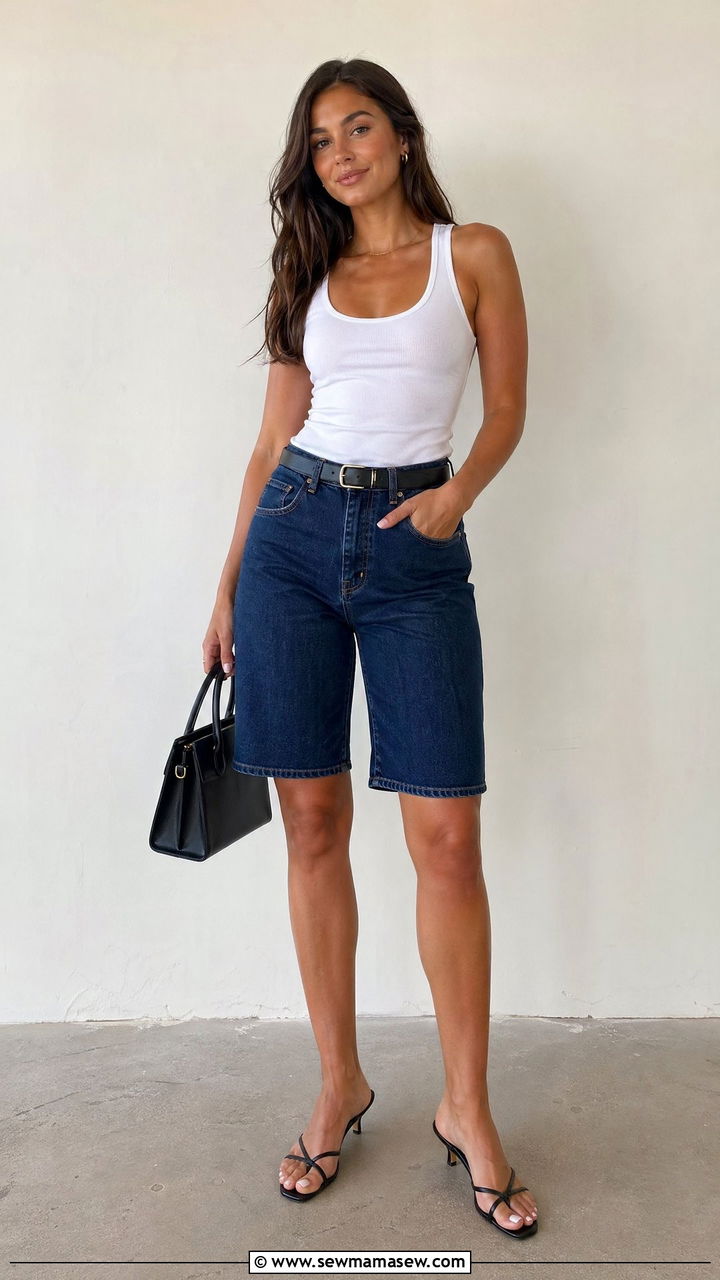Tank Top with Denim Bermuda Shorts and Low Heels - 35 Summer outfit formulas