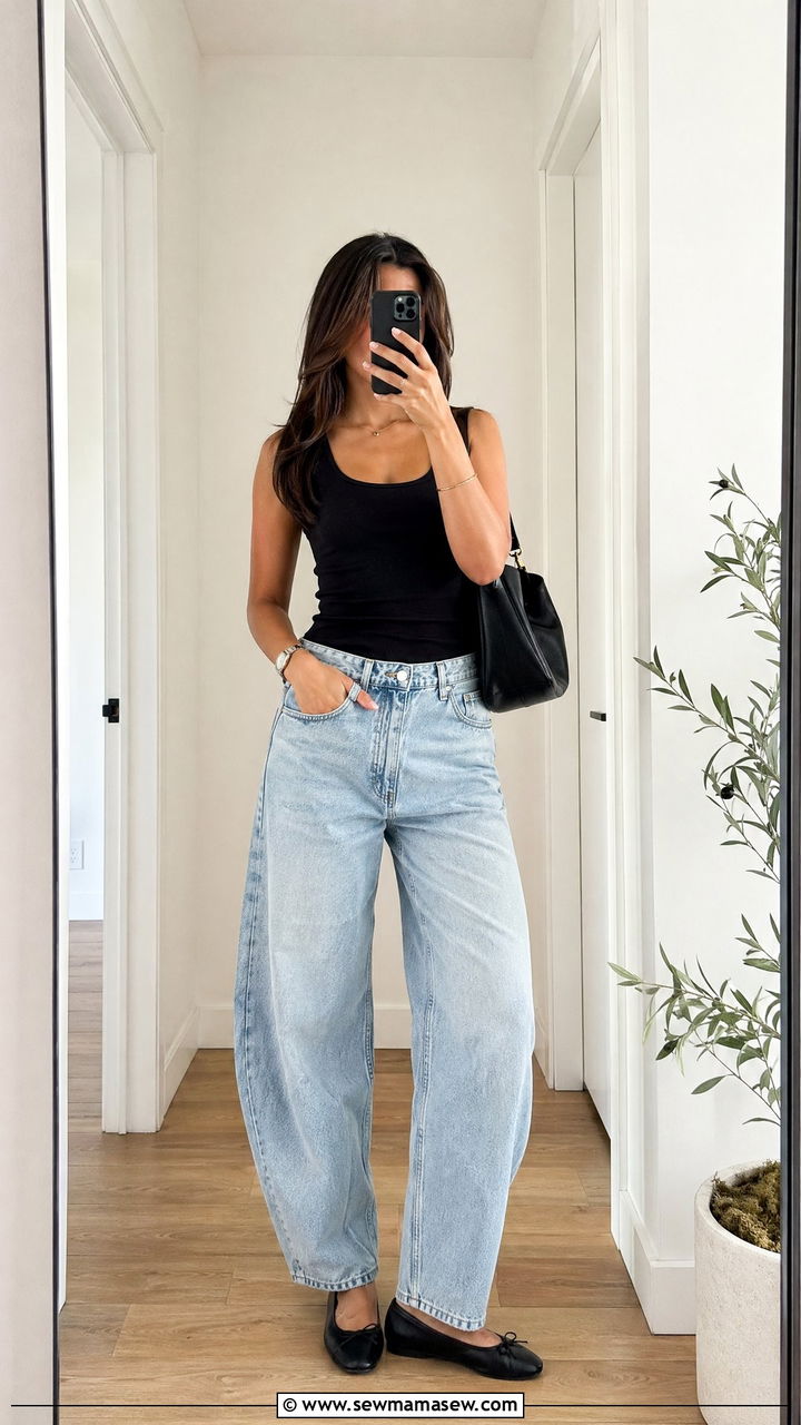 Tank Top with High Waisted Barrel Jeans and Ballet Flats - 35 spring casual chic outfit ideas