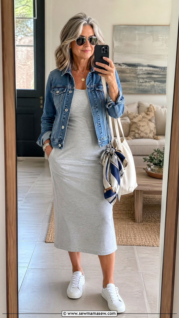 Tank dress and denim jacket summer outfit for women over 50 - 35 What to wear in summer for women over 50