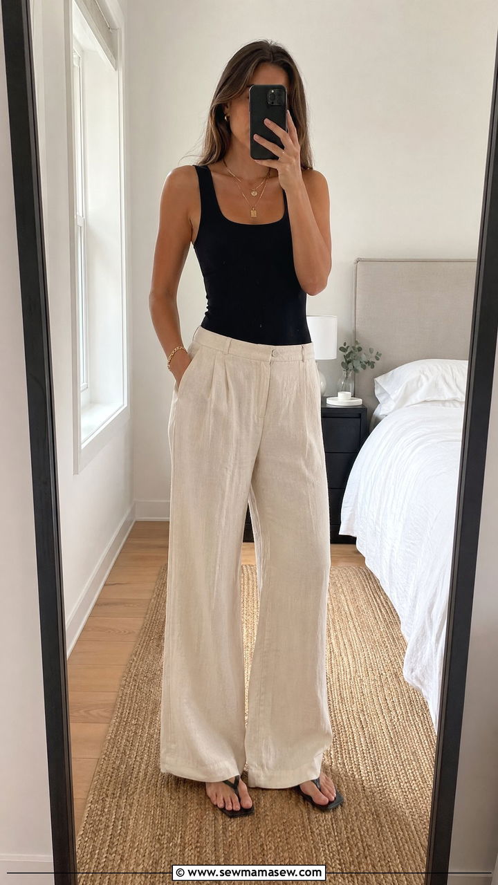 Tank top with linen trousers and flat sandals - 35 summer simple outfit ideas