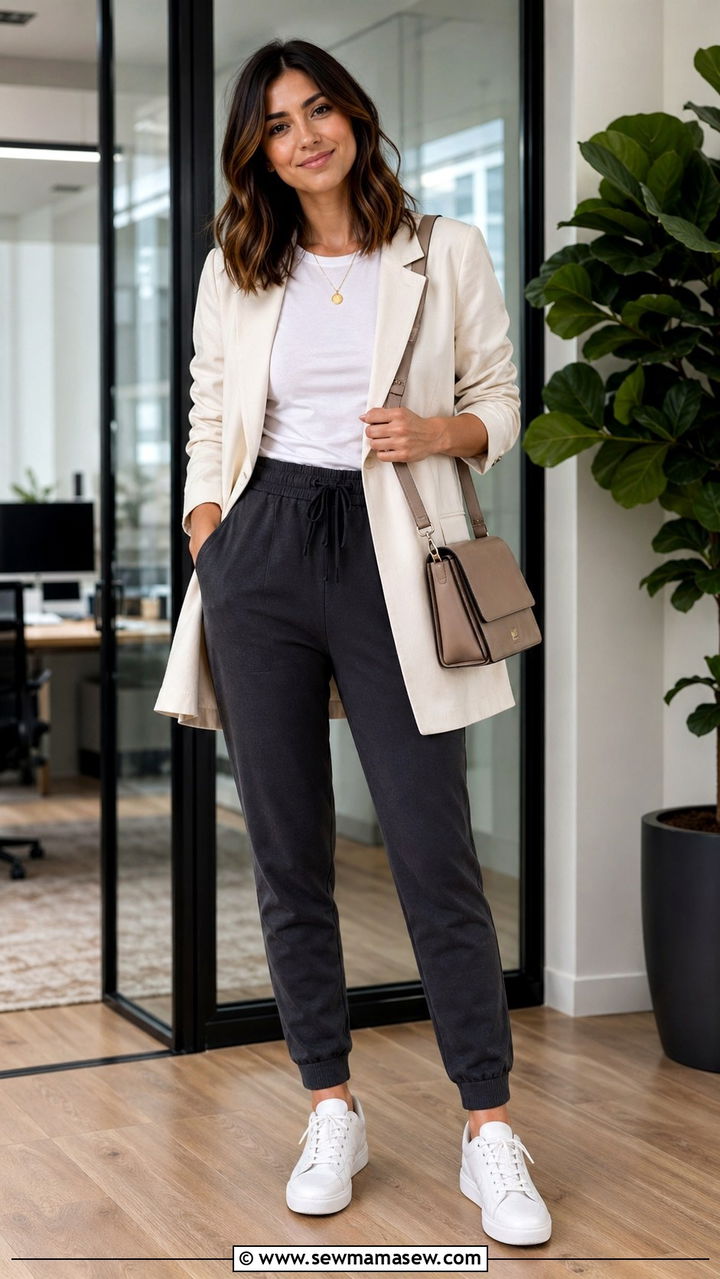 Tapered Joggers and Oversized Blazer with Tee - 30 spring athleisure outfit ideas