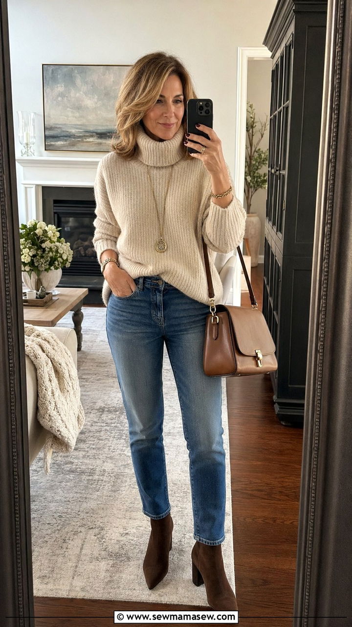 Tapered Leg Jeans With a Chunky Turtleneck - 30 Best jeans for women over 40