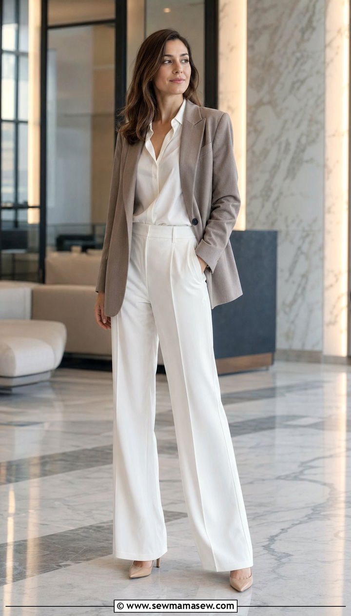 Taupe Blazer and White Wide Leg Pants Outfit - 35 Old money outfits 2026