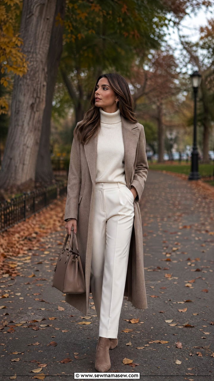 Taupe Coat with Ivory Turtleneck Outfit - 35 classy quiet luxury outfit ideas