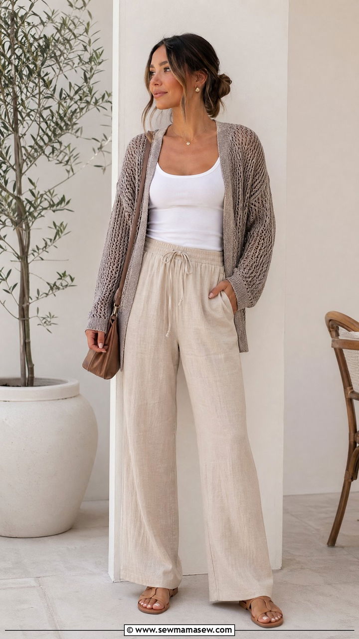 Taupe Knit Cardigan With White Tank and Beige Wide Leg Linen Pants - 35 Clean girl casual outfit ideas