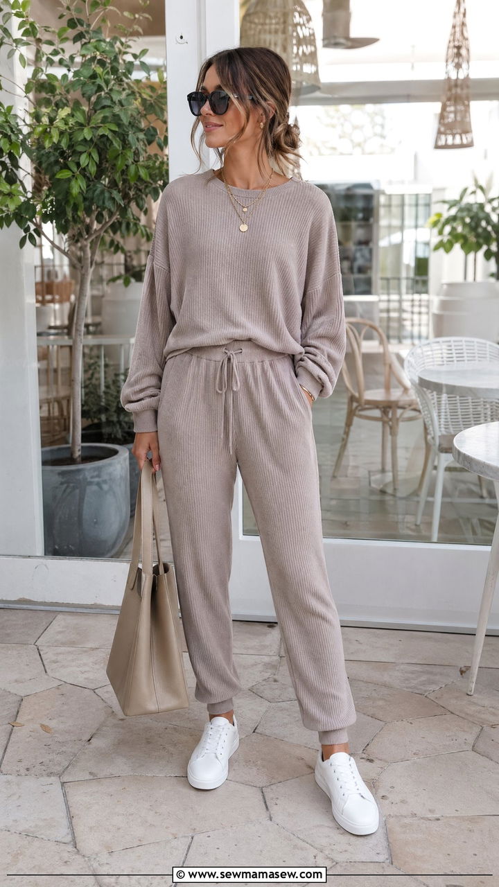 Taupe Lounge Set With White Sneakers - 35 Spring outfits in brown