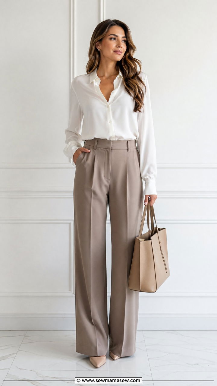 Taupe Pants with White Blouse Outfit - 35 Taupe outfit ideas