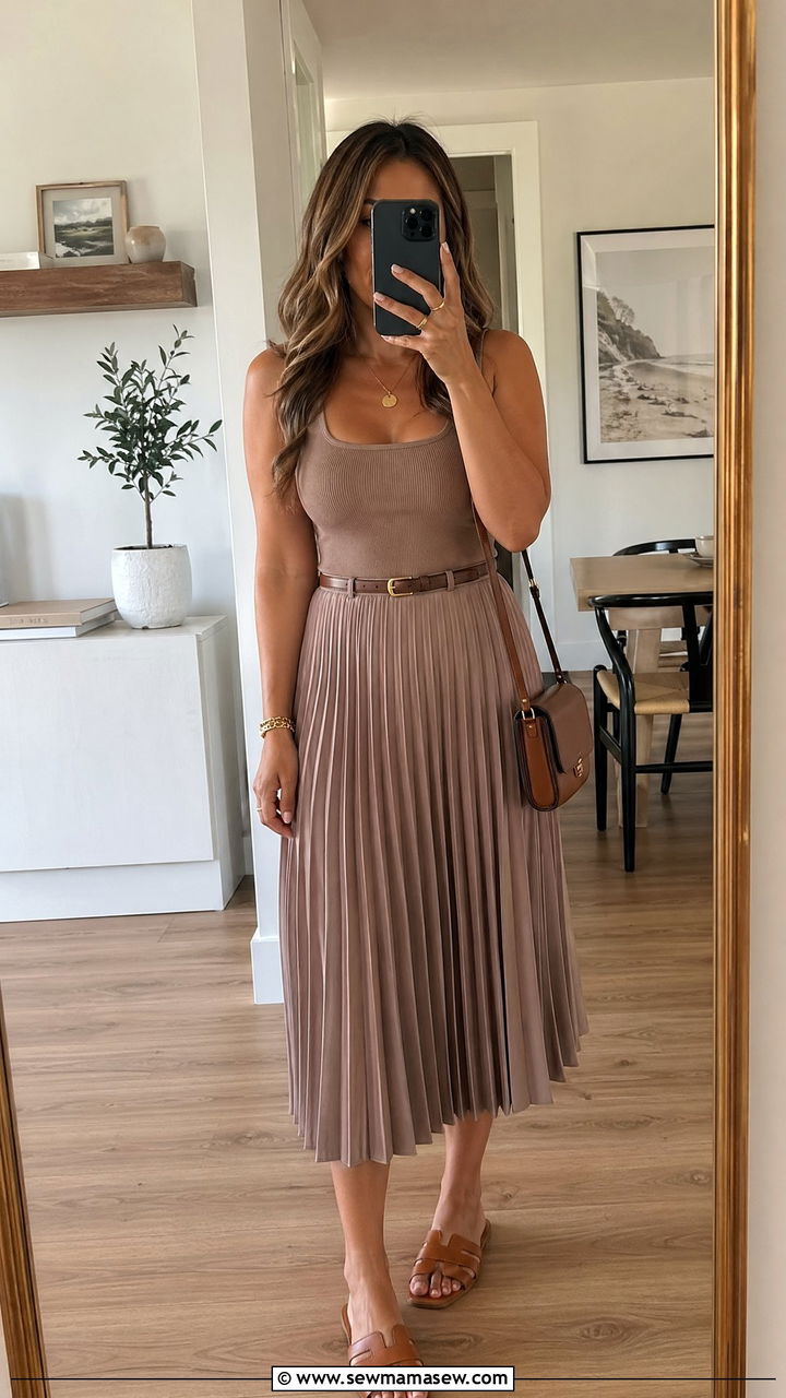 Taupe Pleated Midi Skirt With Fitted Ribbed Tank - 40 summer quiet luxury outfits