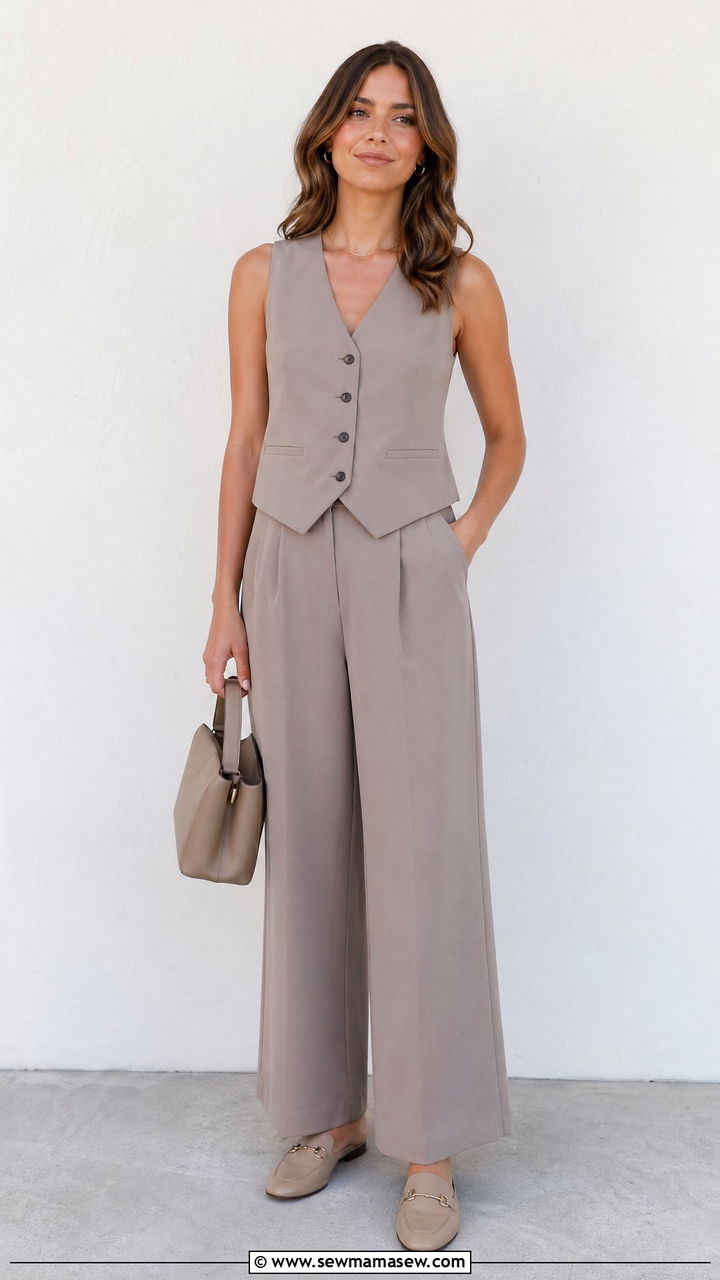 Taupe Vest with Wide Leg Trousers Outfit - 35 Taupe outfit ideas