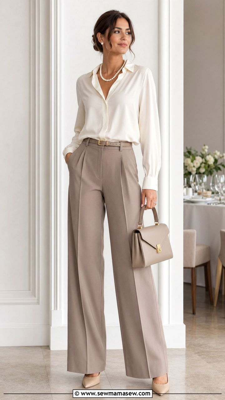 Taupe tailored trousers and silk blouse wedding guest - 35 Quiet luxury outfit ideas for wedding guest