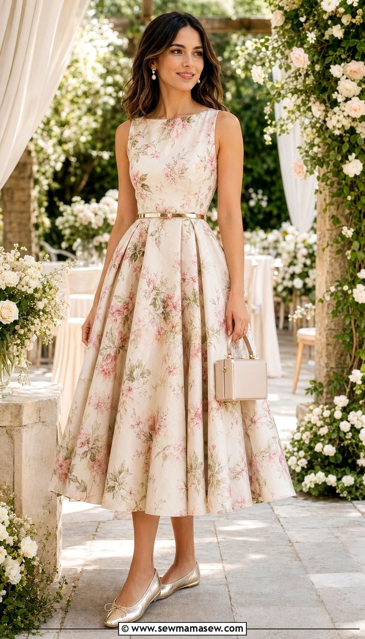Tea Length A Line Dress With Ballet Flats - 30 Afternoon wedding guest outfits