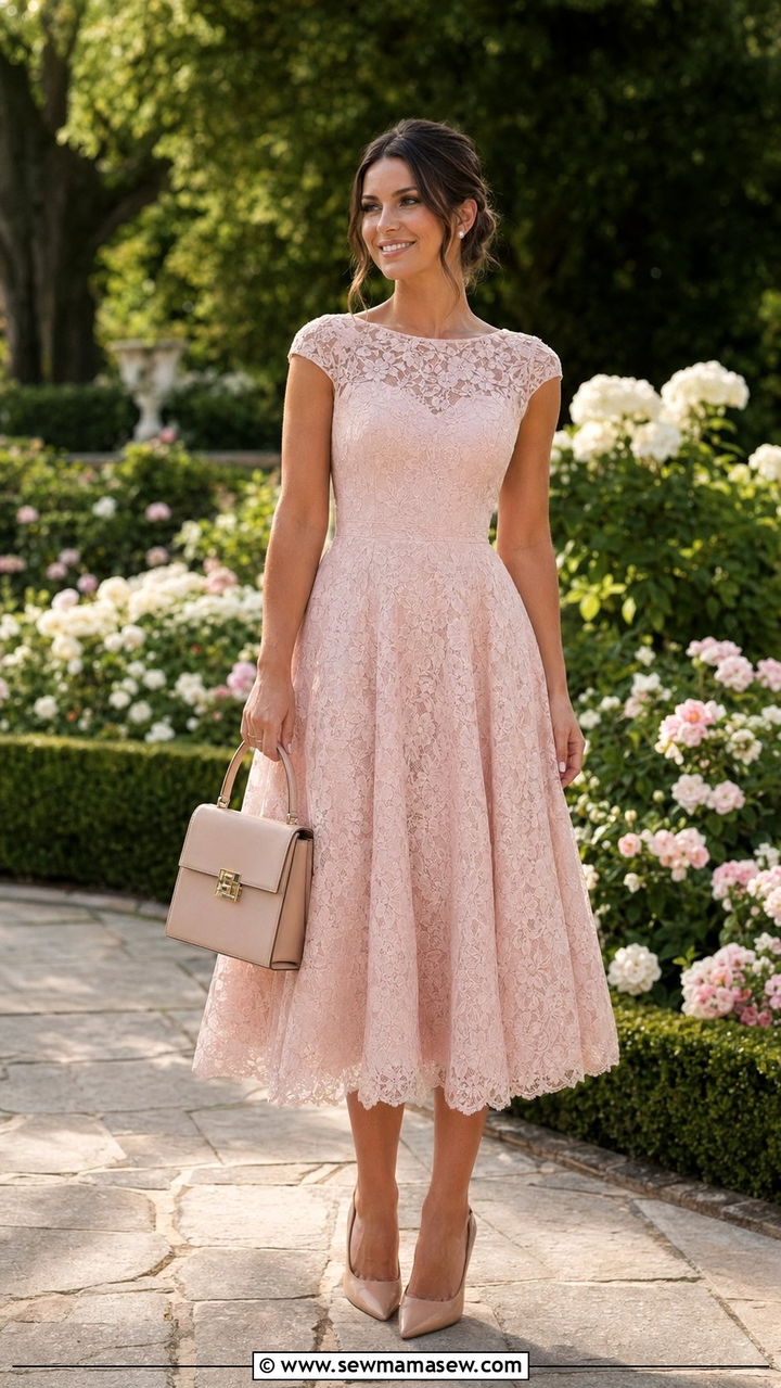 Tea Length A Line Dress and Classic Pumps - 30 what to wear to a summer wedding guest