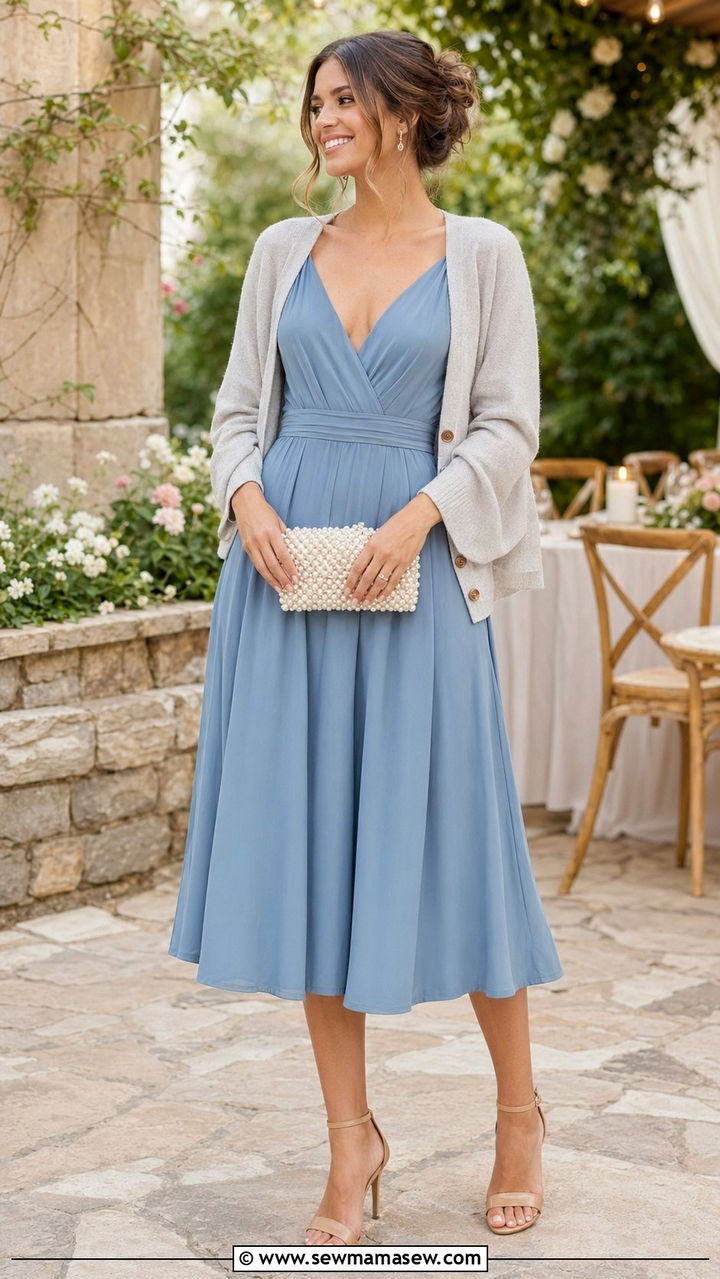 Tea Length Dress With Cardigan For Rustic Wedding - 35 Rustic wedding guest outfits