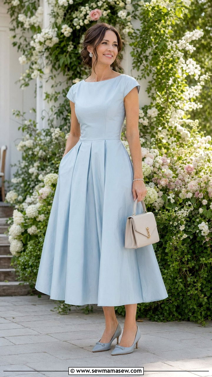 Tea Length Dress With Kitten Heels - 30 wedding guest outfits for women over 30