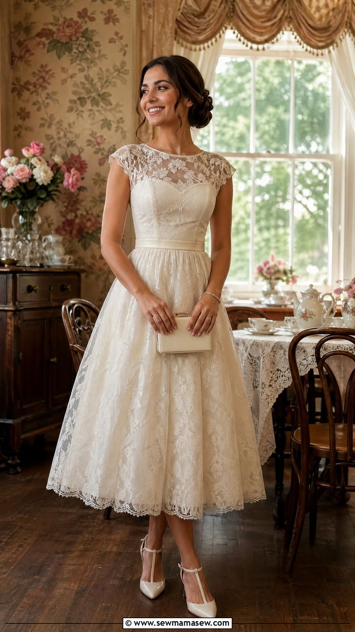 Tea Length Dress With Vintage Inspired Heels - 35 what to wear to a bridal shower