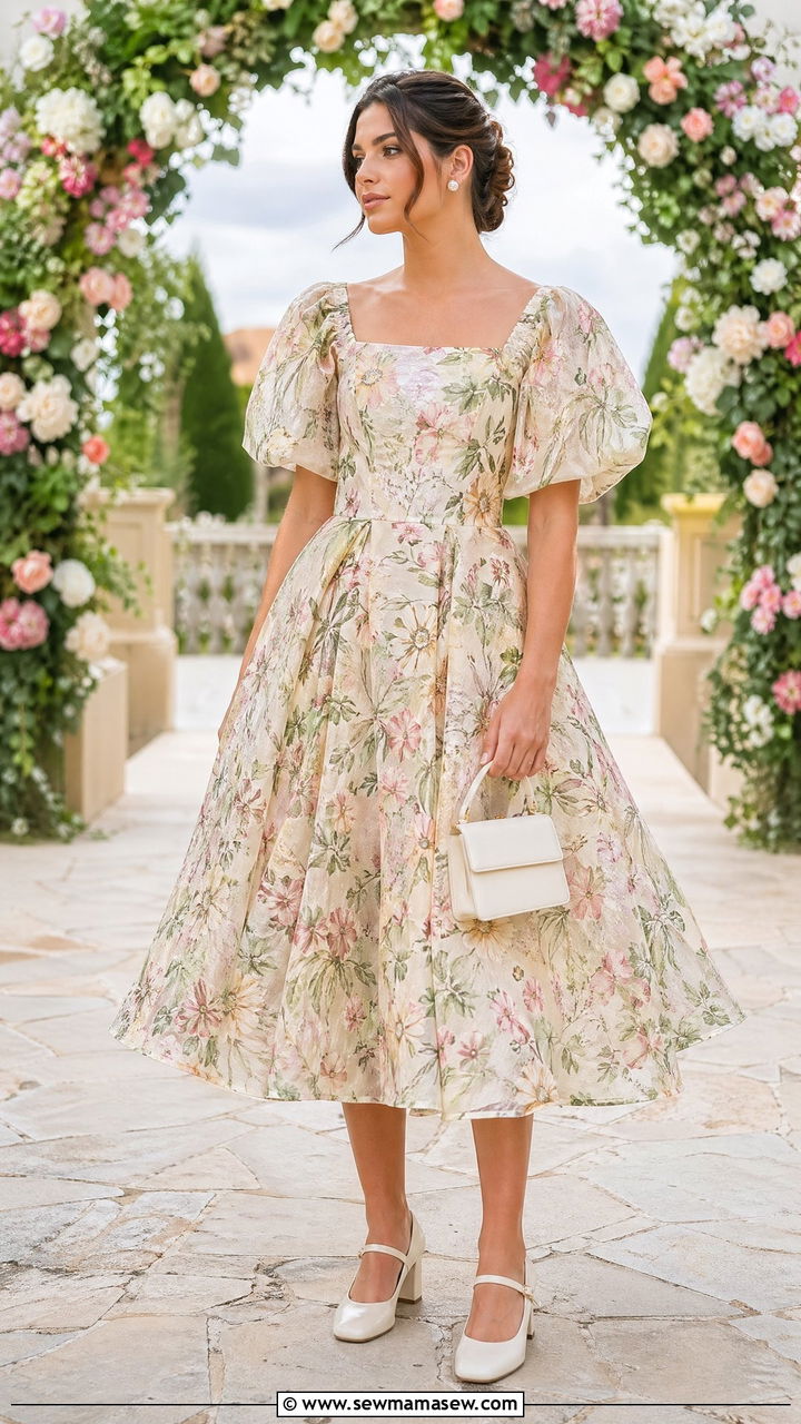 Tea Length Floral Cottagecore Wedding Guest Dress - 35 Cottagecore wedding guest outfits