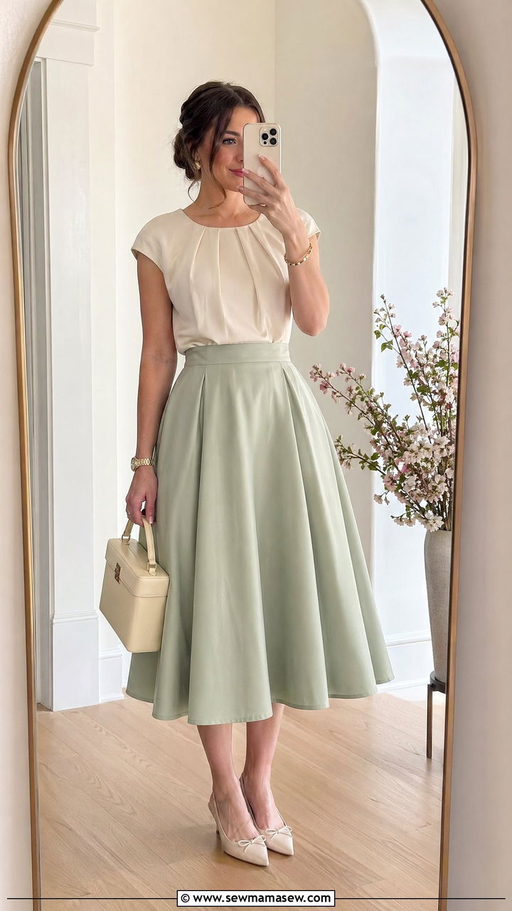 Tea Length Skirt with Cap Sleeve Blouse - 35 Courthouse wedding guest outfits