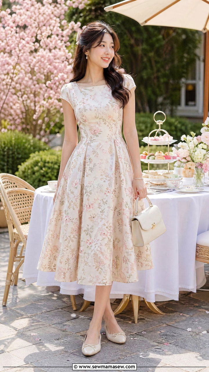 Tea Length Vintage Dress with Ballet Flats - 35 spring bridal shower outfit ideas