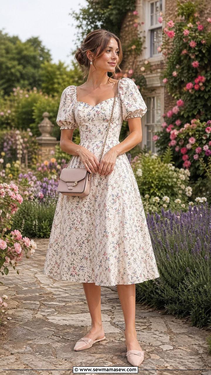 Tea dress and flat mules outfit - 35 summer comfy outfit ideas