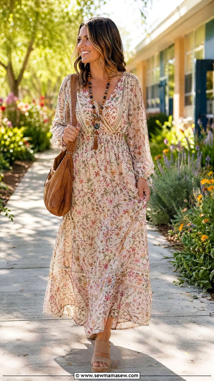 Teacher Outfit With Boho Maxi Dress And Wedges - 35 Teacher outfits for back to school